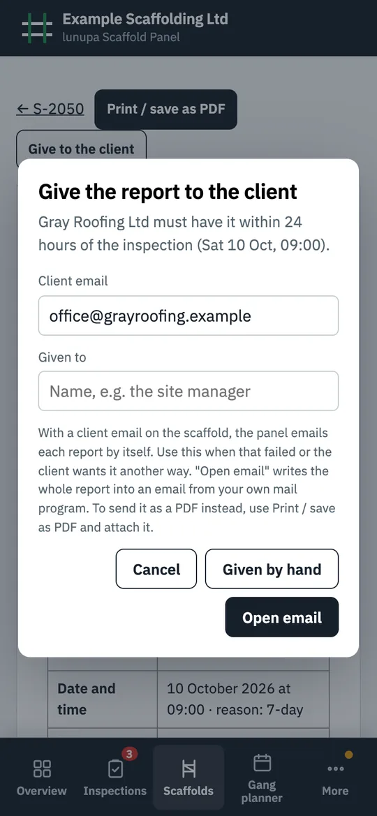 Dialog to give the report to the client, by hand or by email.